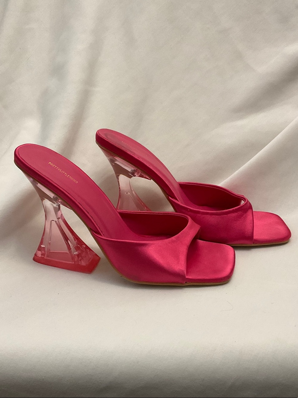 Pretty little thing Hot Pink Satin Mule Heels with Sculpted Lucite Heel